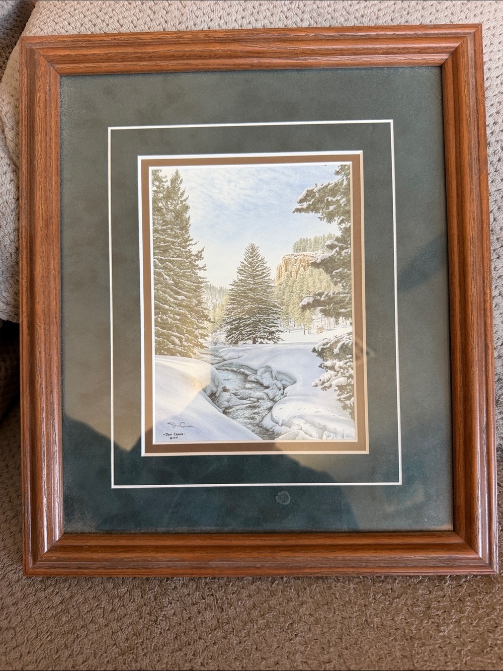 Framed 1997 Jon Crane Winter Landscape Art Print — Green and Brown